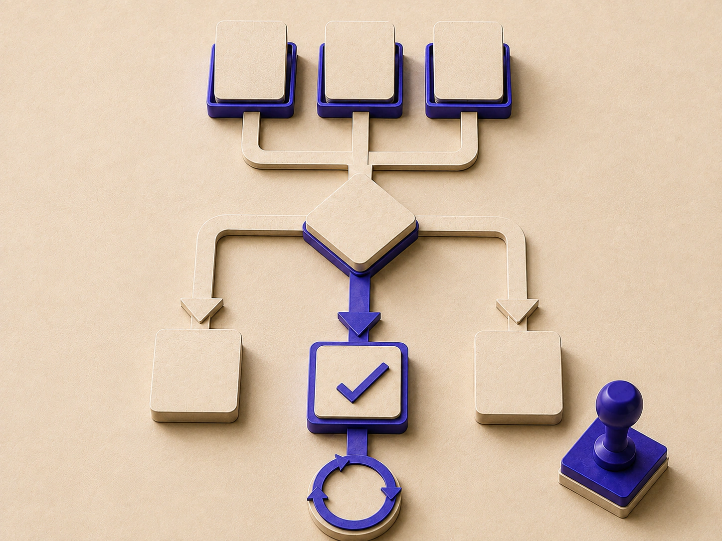Maquete compacta de papel em que três entradas convergem para uma decisão, com caminhos alternativos, aprovação e revisão recorrente.
