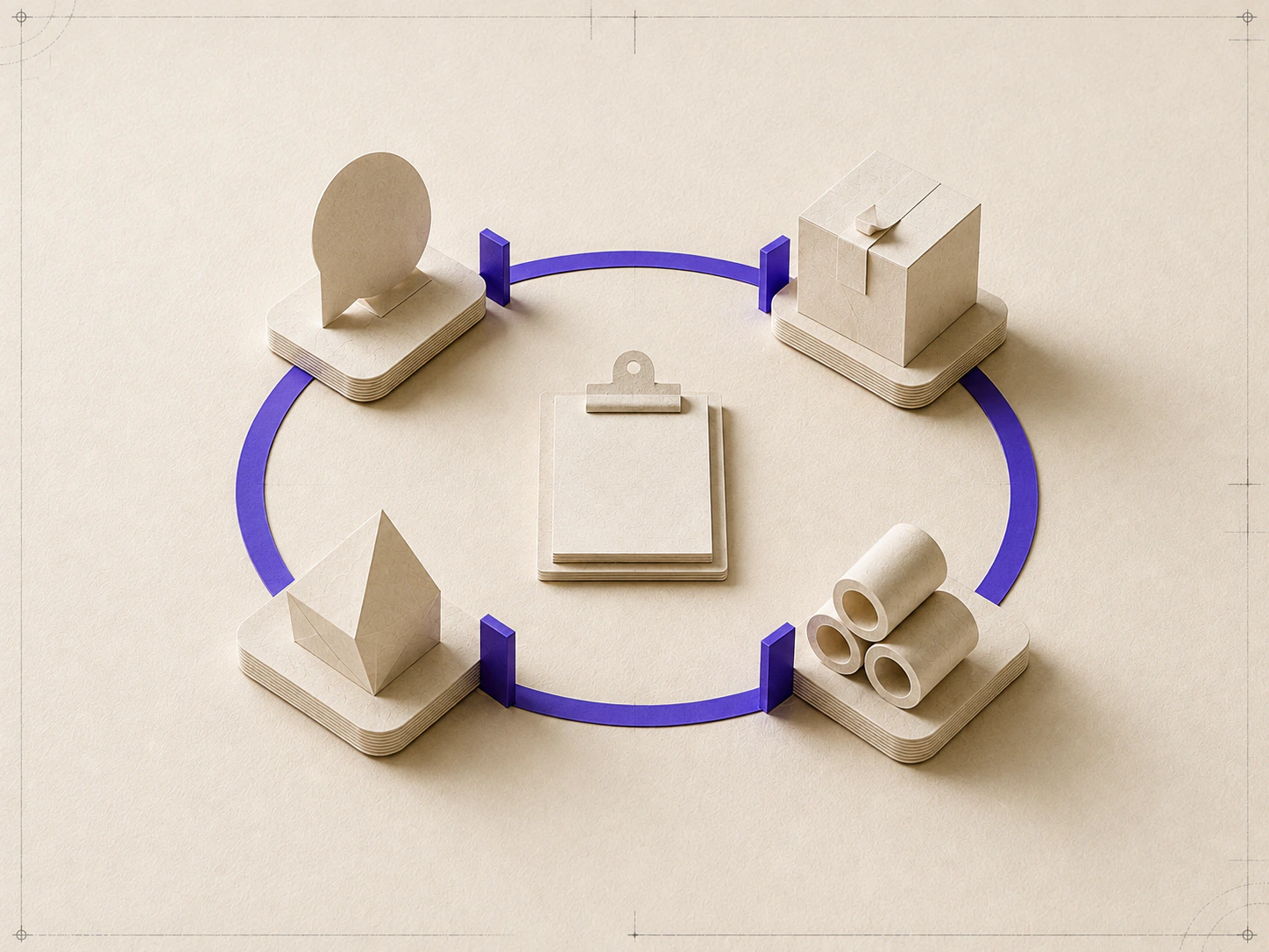 Maquete de papel do ciclo de produto: quatro plataformas ligadas por um trilho violeta.