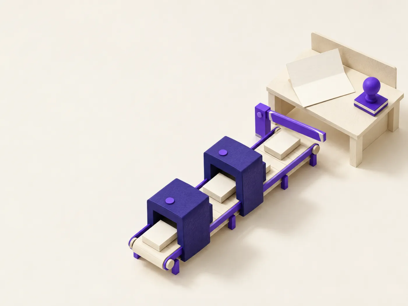 maquete de papel: módulos índigo numa esteira passam peças em fila até uma mesa de decisão com uma ficha aberta e um carimbo violeta.