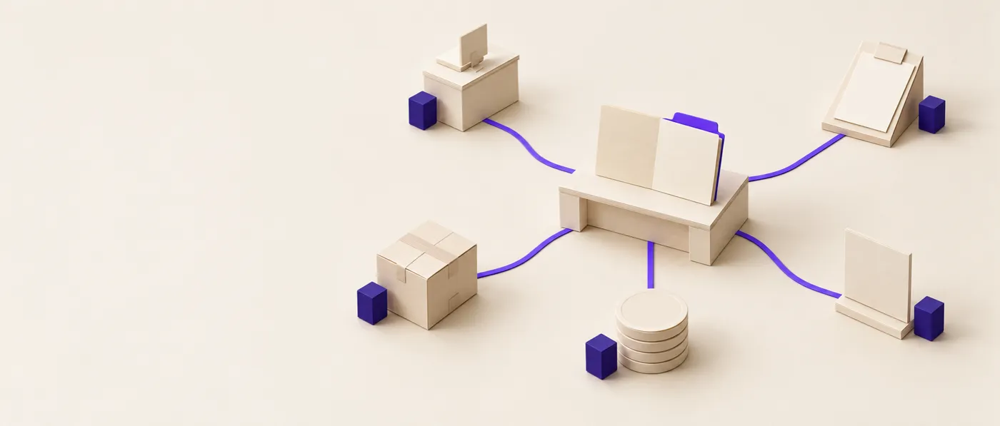 maquete de papel: uma mesa central com uma pasta de aba violeta, ligada por trilhos a cinco estações diferentes, cada uma com um módulo índigo ao lado.